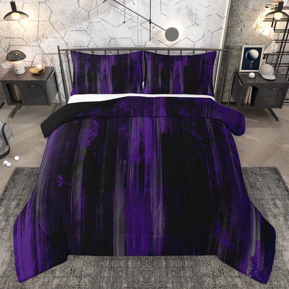 Homewish Abstract Ombre Adult Queen Comforter Set, Black Purple Artwork Bedding Sets, Minimalism Mid Century Reversible Bedding Comforter Set, Luxury Bedroom Decor, 3-Piece