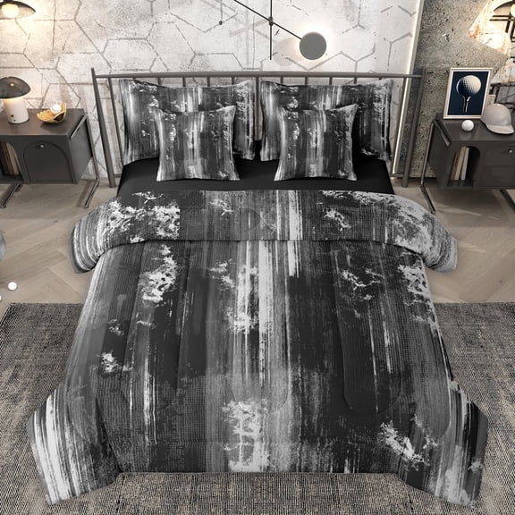 Homewish Abstract Ombre Adult Twin Bedding Sets 7-Piece, Black Grey Artwork Bedding Comforter Set, Minimalism Mid Century Reversible Sheet Sets, Ultra Soft Bedroom Decor