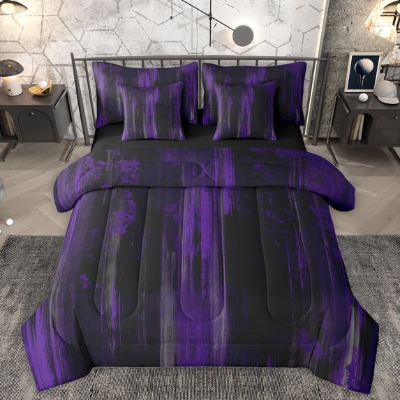 Homewish Abstract Ombre Adult Twin Bedding Sets 7-Piece, Black Purple Artwork Bedding Comforter Set, Minimalism Mid Century Reversible Sheet Sets, Luxury Bedroom Decor