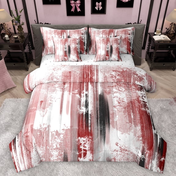Homewish Abstract Ombre Adult Twin Bedding Sets 7-Piece, White Red Artwork Bedding Comforter Set, Minimalism Mid Century Reversible Sheet Sets, Ultra Soft Bedroom Decor