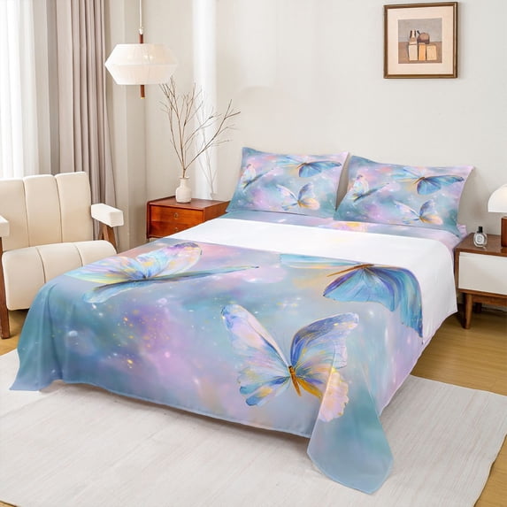 Homewish 4-Piece Queen Sheet Set, Teal Purple Ombre Butterflies, Cozy Kids Bedding