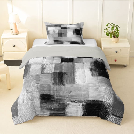 Homewish Abstract Ombre Grid Twin Comforter Sets,Aesthetic Geometric Bedding Set,Gray,Light Gray Reversible,2pcs,1 Comforter and 1 Pillowcase