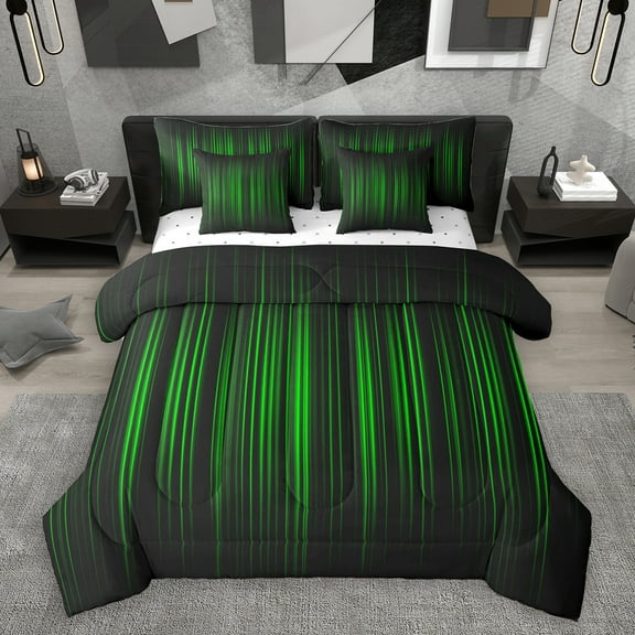 Homewish Abstract Ombre Stripes 7-Piece Bedding Comforter Set,Modern Abstract Geometric King Bedding Sets,Green Black Lines Bed Sheets For Adults,Breathable Home Decor Reversible