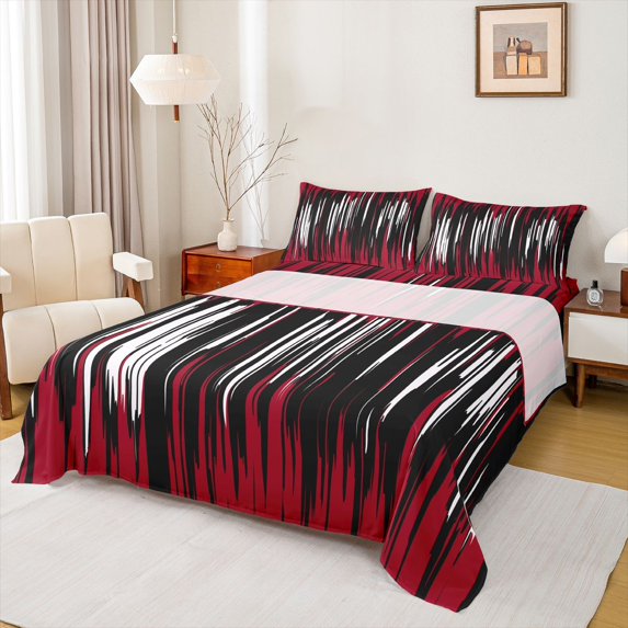 Homewish Abstract Ombre Stripes Twin Sheet Sets,Modern Geometric Pattern Twin Fitted Sheet,Red White Line Flat Sheet For Adults,Breathable Home Decor,3-Piece