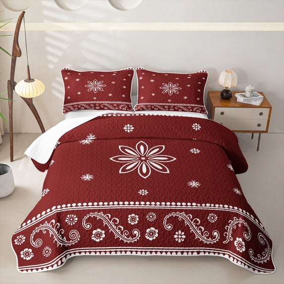 Homewish Abstract Paisley Floral Twin Quilt Set,Minimalist Snowflake Print Twin Coverlet Set,Red,2-Piece