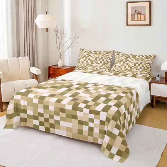 Homewish Abstract Pixel Geometric Twin Sheet Sets,Modern Minimalist Checkered Twin Fitted Sheet,Light Brown Greenk 03 For Teens,Ultra Soft Home Decor,3pcs