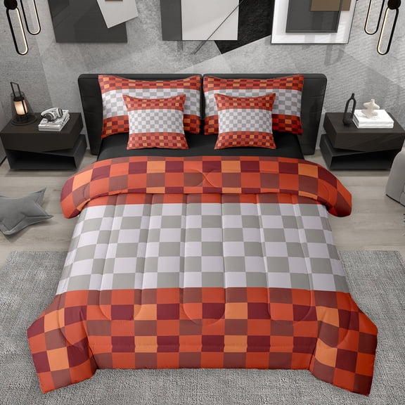Homewish Abstract Pixel Plaid 7-Piece Bedding Comforter Set,Minimalist Geometric Checkered King Bedding Sets,Gray Orange Grid Bed Sheets For Teens,Ultra Soft Home Decor Reversible