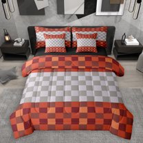 Homewish Abstract Pixel Plaid 7-Piece Twin Bedding Sets,Minimalist Geometric Checkered Bedding Comforter Set,Gray Orange Grid Sheet Sets For Teens,Ultra Soft Home Decor Reversible