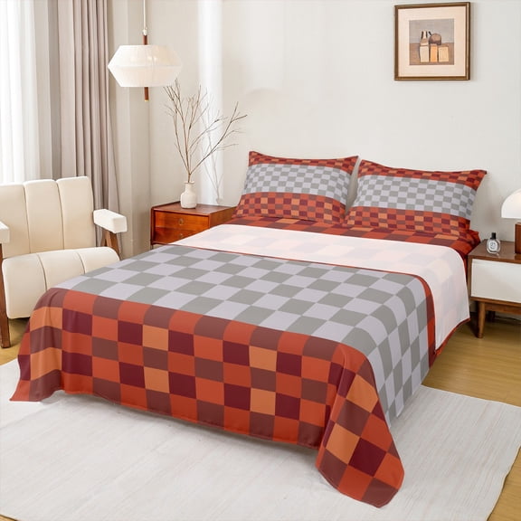 Homewish Abstract Pixel Plaid Bed Sheets,Minimalist Geometric Checkered King Sheets,Gray Orange Grid Sheet Set For Teens,Ultra Soft Home Decor,4 Pieces