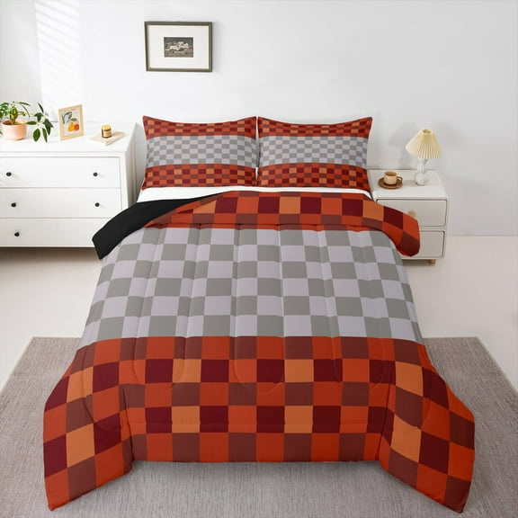 Homewish Abstract Pixel Plaid Bedding Comforter Set,Minimalist Geometric Checkered Twin Comforter Sets,Gray Orange Grid Bedding Set For Teens,Ultra Soft Home Decor Reversible,2 Pieces