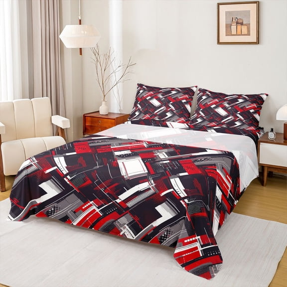 Homewish Abstract Plaid 4 Pieces Queen Sheet Sets For Children Teens,Geometric Grid Stripes Ultra Soft Flat Sheet,Vintage Aesthetic Queen Fitted Sheet,Ultra Soft Home Decor