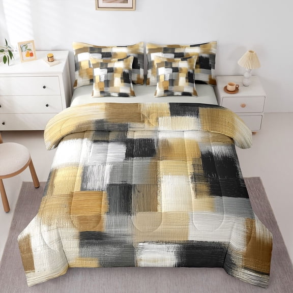 Homewish Abstract Plaid 7-Piece Twin Bedding,Grunge Artwork Bedding Comforter Set,Yellow,Light Gray Reversible