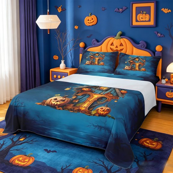 Homewish Abstract Pumpkin Lantern House Twin Sheets,Horror Halloween Initial Letter T Print Bedding,3pcs,1 Fitted Sheet and 1 Pillowcase