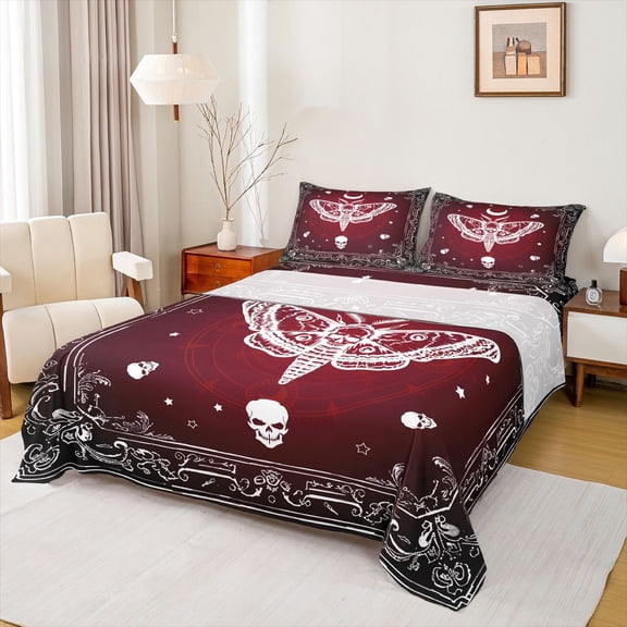 Homewish Abstract Skull Moth 4 Pieces Queen Sheet Sets for Teens,Gothic Style Ultra Soft Flat Sheet,Black Red Queen Fitted Sheet,Ultra Soft Home Decor