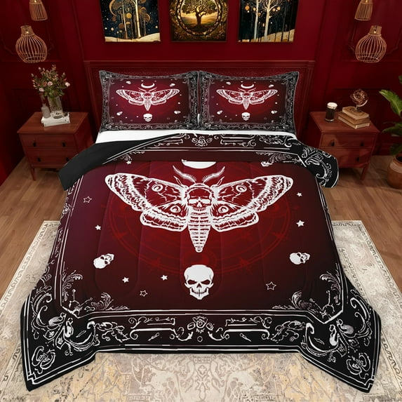 Homewish Abstract Skull Moth Bedding Comforter Set 2pcs for Teens,Gothic Style Twin Comforter Sets Microfiber,Black Red Breathable Bedding Set,Ultra Soft Home Decor,Reversible