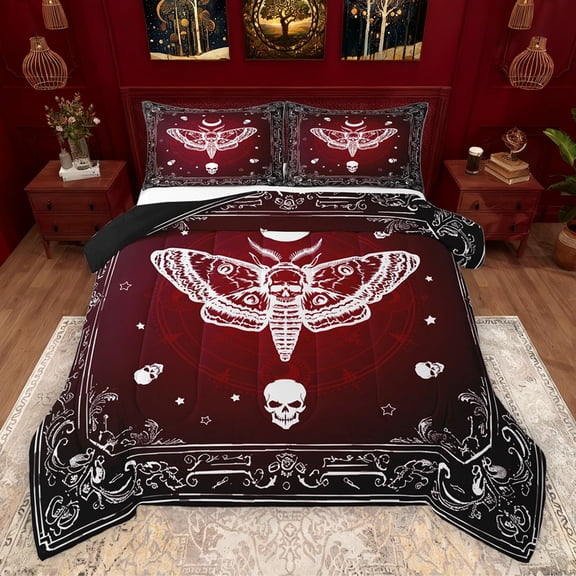 Homewish Abstract Skull Moth Full Size Comforter Sets 3-Piece for Teens,Gothic Style Bedding Comforter Set,Black Red Lightweight Bedding Sets,Ultra Soft Home Decor,Reversible