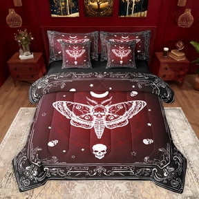 Homewish Abstract Skull Moth Twin Bedding Sets 7-Piece for Teens,Gothic Style Bedding Comforter Set Microfiber,Black Red Breathable Sheet Sets,Ultra Soft Home Decor,Reversible