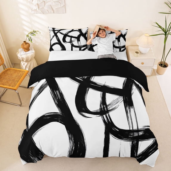 Homewish Abstract Spiral Duvet Cover Queen,Contemporary Artwork Queen Bedding,Black White,Black Reversible,3pcs,1 Duvet Cover and 2 Pillowcases
