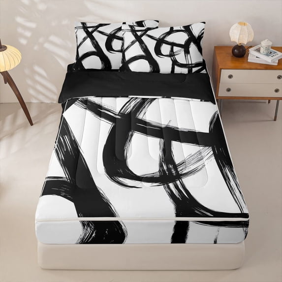 Homewish Abstract Spiral Zipper Twin Comforter Sets with Fitted Sheet and 2 Pillowcases,Contemporary Artwork Zipper Bedding Set,Black White,Black Reversible,4pcs