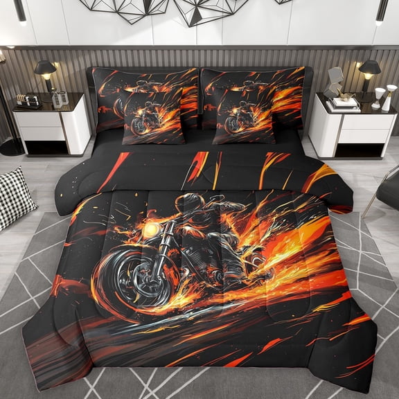 Homewish Abstract Sport Motorcycle 7 Pieces Bedding Comforter Set For Teens Boys Girls,Dirt Bike Full Bedding Set Lightweight,Black Orange Red Fitted Sheet Flat Sheet,Microfiber Bedroom Decor