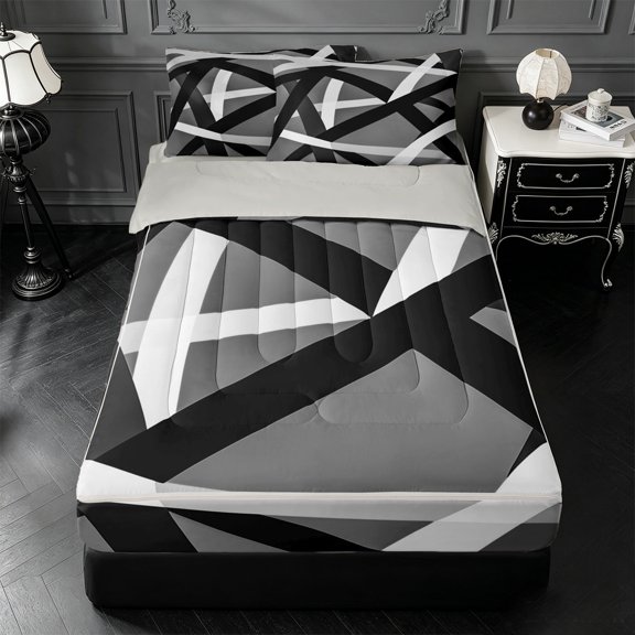 Homewish Abstract Stripe Art Zipper Queen Comforter Set with Fitted Sheet and 2 Pillowcases,Black Gray Cross Line Zipper Bedding Set For Girls,Light Gray Reversible,4pcs