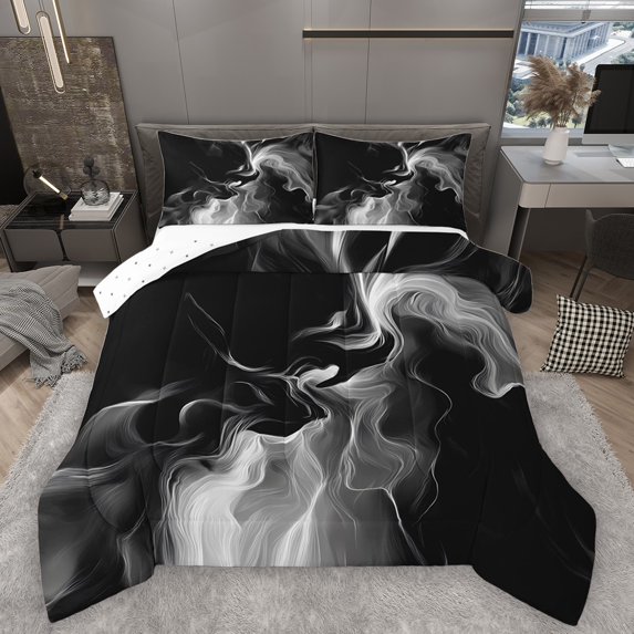 Homewish Abstract Stripes 3 Pieces Queen Comforter Set for Teens Boys Girls,Geometric Lines Ultra Soft Bedding Sets,Black White Gradient Bedding Comforter Set Breathable,Luxury Bedroom Decor