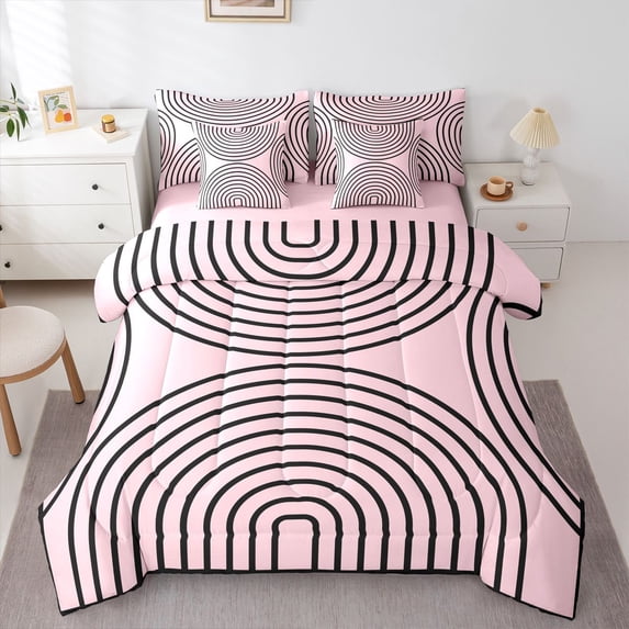 Homewish Abstract Stripes 7-Piece Twin Bedding,Classic Geometric Bedding Comforter Set,Pink Black,Pink Reversible