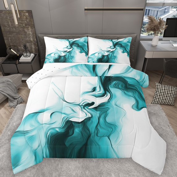 Homewish Abstract Stripes Bedding Comforter Set 2pcs for Teens Boys Girls,Geometric Lines Twin Comforter Sets Microfiber,Teal White Gradient Breathable Bedding Set,Luxury Bedroom Decor,Reversible