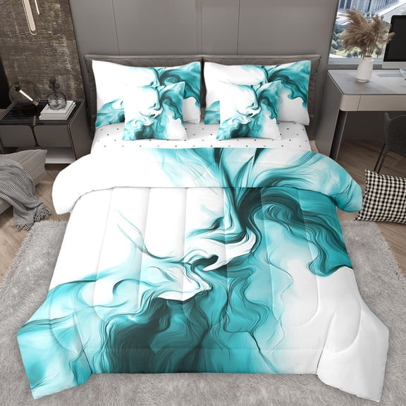 Homewish Abstract Stripes Bedding Comforter Set 7-Piece for Teens Boys Girls,Geometric Lines King Bedding Sets,Teal White Gradient Ultra Soft Bed Sheets,Luxury Bedroom Decor,Reversible