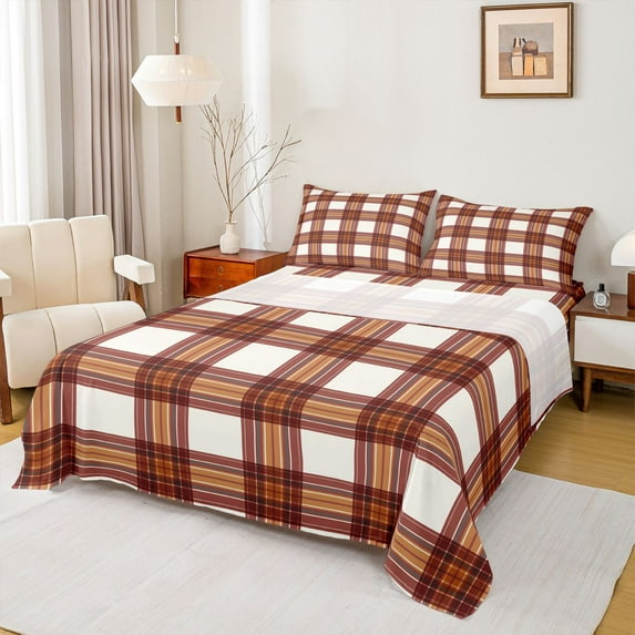 Homewish Abstract Stripes Grid 3pcs Twin Sheet Sets For Teens Boys Girls,Geometric Lines Plaid Twin Fitted Sheet,Minimalist Mid Century Breathable Flat Sheet,Lightweight Room Decor