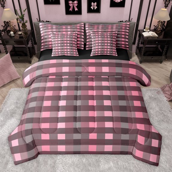 Homewish Abstract Stripes Grid 7 Pieces Bedding Comforter Set,Minimalism Geometric Checkered Full Bedding Set,Pink Brown Plaid Fitted Sheet Flat Sheet For Girls Boys,Super Cozy Room Decor Reversible