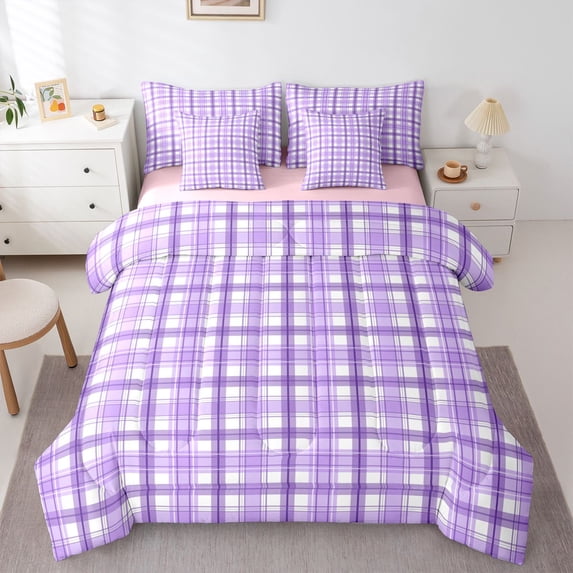 Homewish Abstract Stripes Grid 7pcs Bedding Comforter Set For Teens Boys Girls,Geometric Lines Plaid Queen Bedding Sets Super Cozy,Minimalist Mid Century Queen Sheet Sets,Lightweight Room Decor
