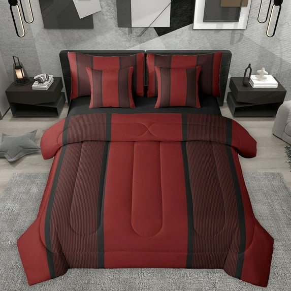 Homewish Abstract Stripes Lines 7-Piece Bedding Comforter Set,Modern Geometric Desgin King Bedding Sets,Red Black Bed Sheets For Boys Teens,Ultra Soft Home Decor Reversible