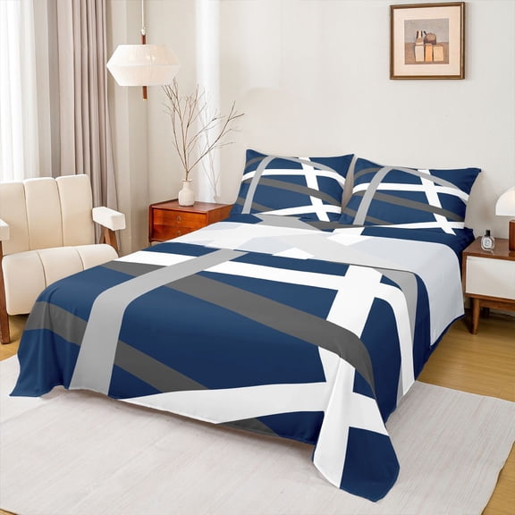 Homewish Abstract Stripes Lines Twin Sheet Sets,Minimalist Geometric Twin Fitted Sheet,Deepblue Gray White Flat Sheet For Boys Teens,Ultra Soft Home Decor,3-Piece