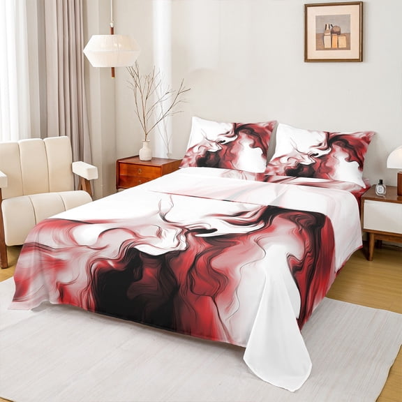 Homewish Abstract Stripes Twin Sheet Sets 3pcs for Teens Boys Girls,Geometric Lines Twin Fitted Sheet Microfiber,Black Red White Gradient Breathable Flat Sheet,Luxury Bedroom Decor