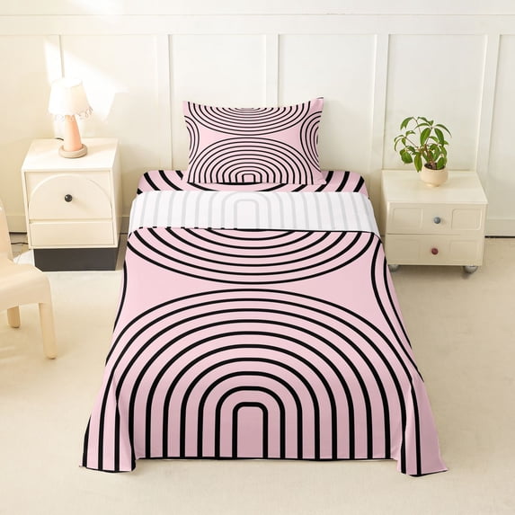 Homewish Abstract Stripes Twin Sheets,Classic Geometric Bedding,Pink Black,3 Pieces,1 Fitted Sheet and 1 Pillowcase