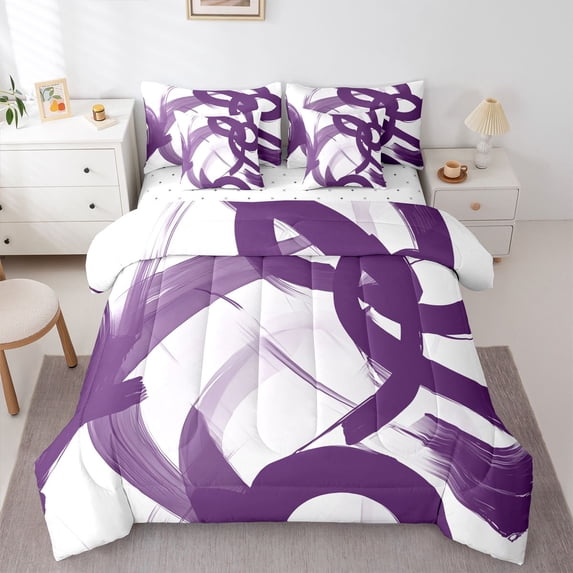Homewish Abstract Swirl 7-Piece Twin Bedding,Contemporary Artwork Bedding Comforter Set,Purple White,Reversible