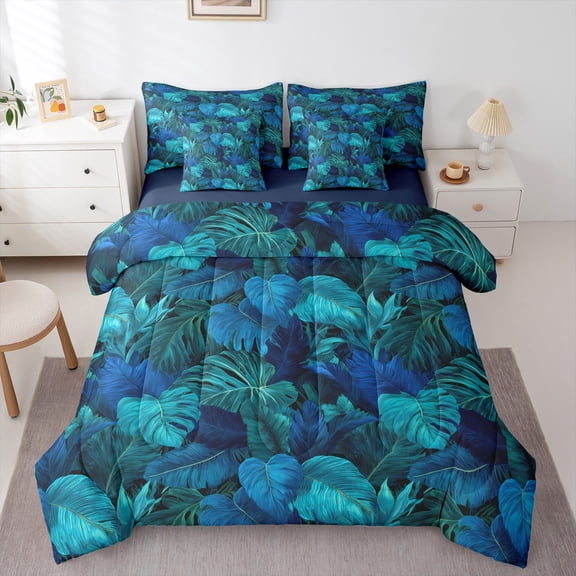 Homewish Abstract Tropical Leaves Bedding Comforter Set 7 Pieces for Adults Female Men,Botanical Plants Full Bedding Set Lightweight,Vintage Aesthetic Fitted Sheet Flat Sheet