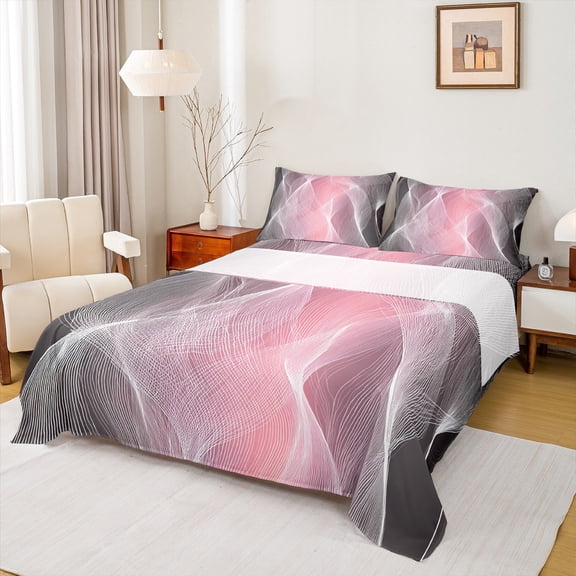 Homewish Abstract Waves Stripe Twin Sheet Sets,Modern Geometric Art Twin Fitted Sheet,Pink Black Ombre Flat Sheet For Girls Kids,Breathable Home Decor,3pcs