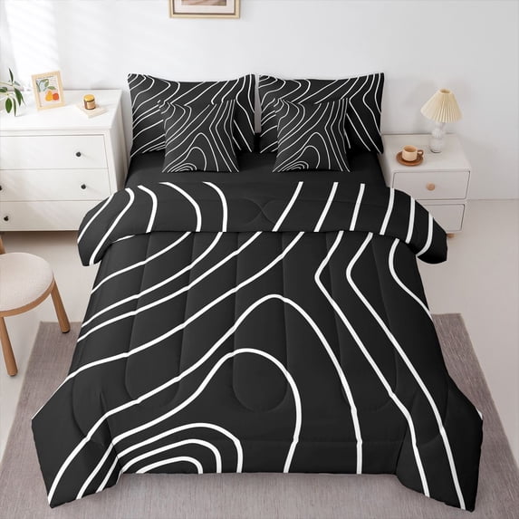 Homewish Abstract Wavy Lines 7-Piece King Bedding,Geometric Artwork King Bed in a Bag,Black White,Black Reversible