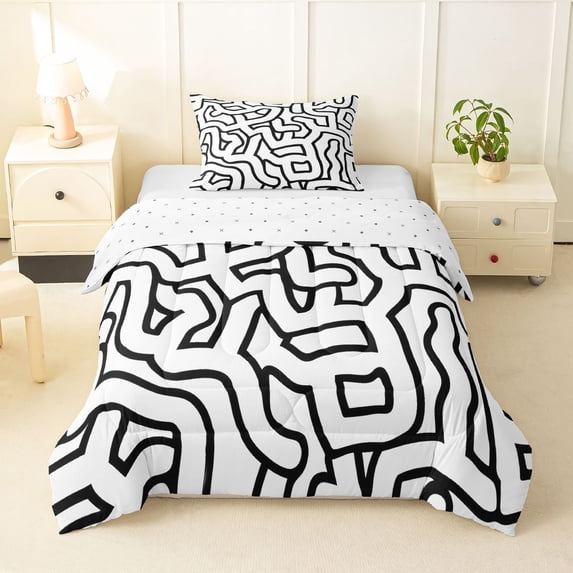 Homewish Abstract Wavy Stripes Twin Comforter Sets,Contemporary Artwork Bedding Set,White Black,Reversible,2pcs,1 Comforter and 1 Pillowcase