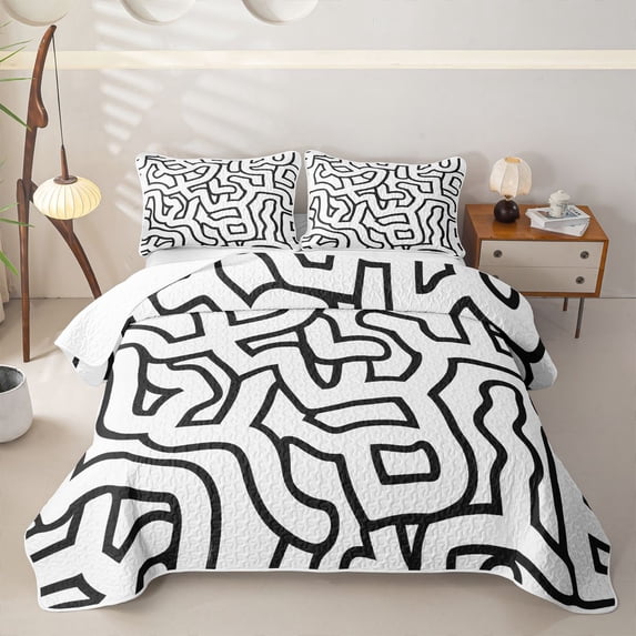 Homewish Abstract Wavy Stripes Twin Quilt Set,Contemporary Artwork Twin Coverlet Set,White Black,2 Pieces