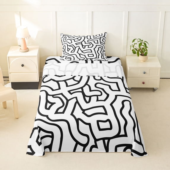 Homewish Abstract Wavy Stripes Twin Sheets,Contemporary Artwork Bedding,White Black,3pcs,1 Fitted Sheet and 1 Pillowcase