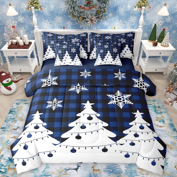 Homewish Abstract Xmas Tree 7pcs Bedding Comforter Set,Chic Snowflake Queen Bedding Sets,Blue Plaid Grid Queen Sheet Sets For Kids,Ultra Soft Home Decor Reversible
