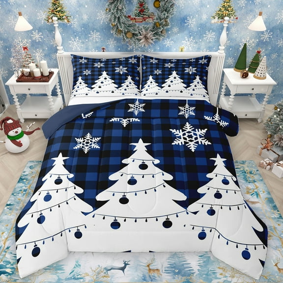 Homewish Abstract Xmas Tree Bedding Comforter Set,Chic Snowflake Twin Comforter Sets,Blue Plaid Grid Bedding Set For Kids,Ultra Soft Home Decor Reversible,2 Pieces