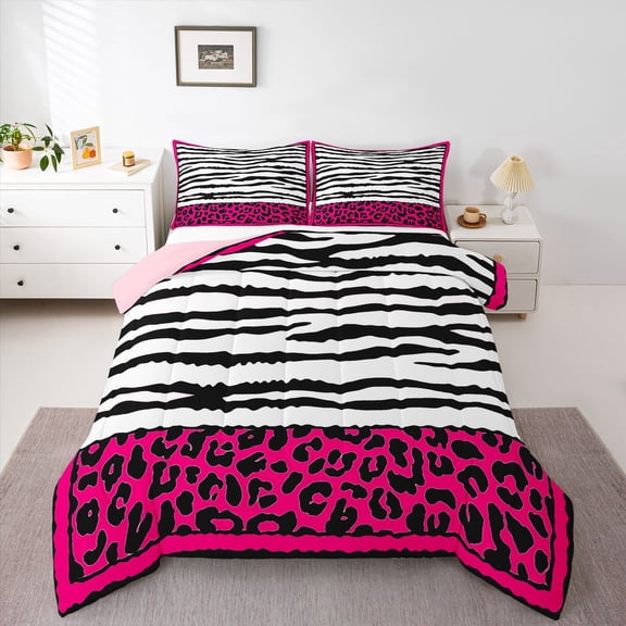 Homewish Abstract Zebra Pattern Bedding Comforter Set,Safari Leopard Print Twin Comforter Sets,Hotpink Black White Bedding Set For Girl Kids,Super Cozy Room Decor Reversible,2pcs