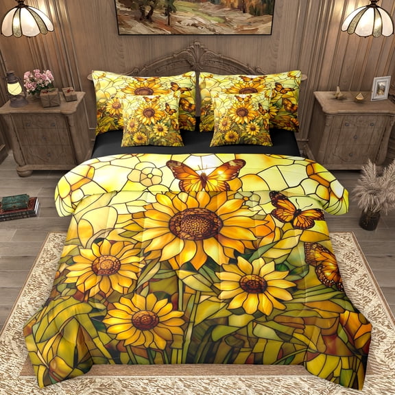 Homewish Abstrsct Chic Sunflower 7-Piece Bedding Comforter Set,Rustic Flower Floral King Bedding Sets,Yellow Flying Butterflues Bed Sheets For Girl Teens,Super Cozy Room Decor Reversible