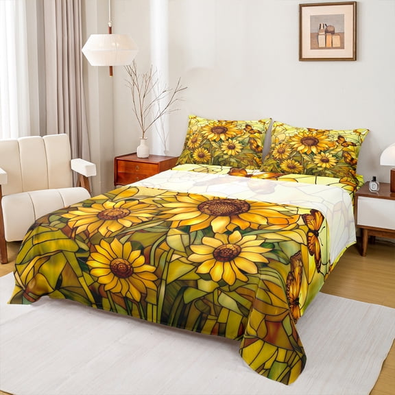 Homewish Yellow Sunflower Butterfly Rustic King 4 Piece Reversible Abstract Bed Sheet Set