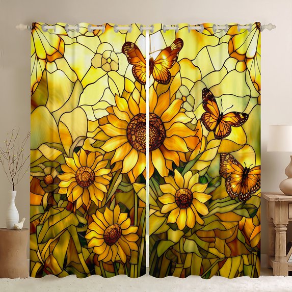 Homewish Abstrsct Chic Sunflower Curtains Pack of 2 (42x84 Each),Rustic Flower Floral Curtains Blackout,Yellow Flying Butterflues Bedroom Curtains For Girl Teens,Super Cozy Room Decor