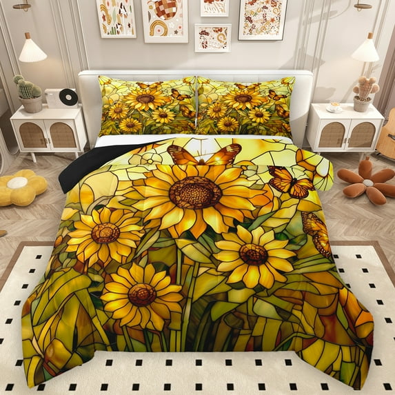 Homewish Abstrsct Chic Sunflower Queen Comforter Set,Rustic Flower Floral Bedding Sets,Yellow Flying Butterflues Bedding Comforter Set For Girl Teens,Super Cozy Room Decor Reversible,3 Pieces